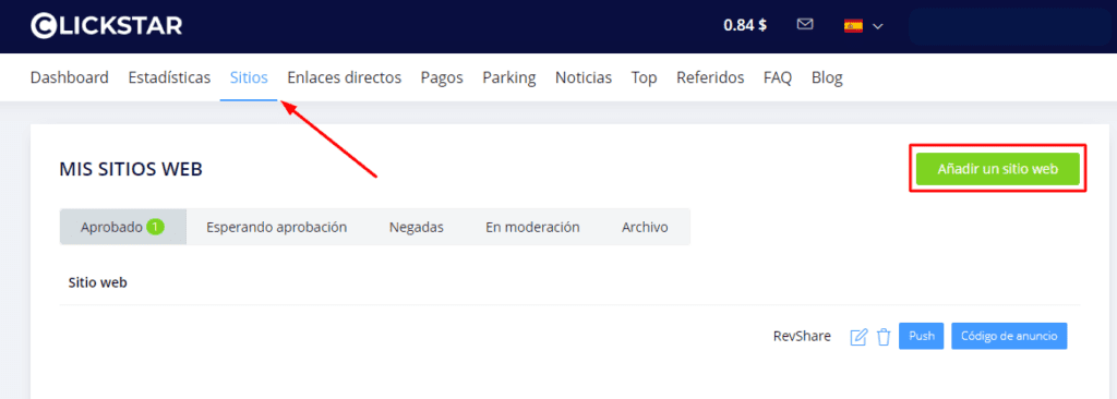 agregar sitio web clickstar paso 1