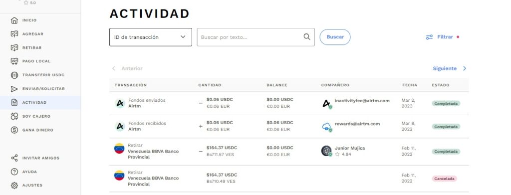 actividad de la cuenta en airtm
