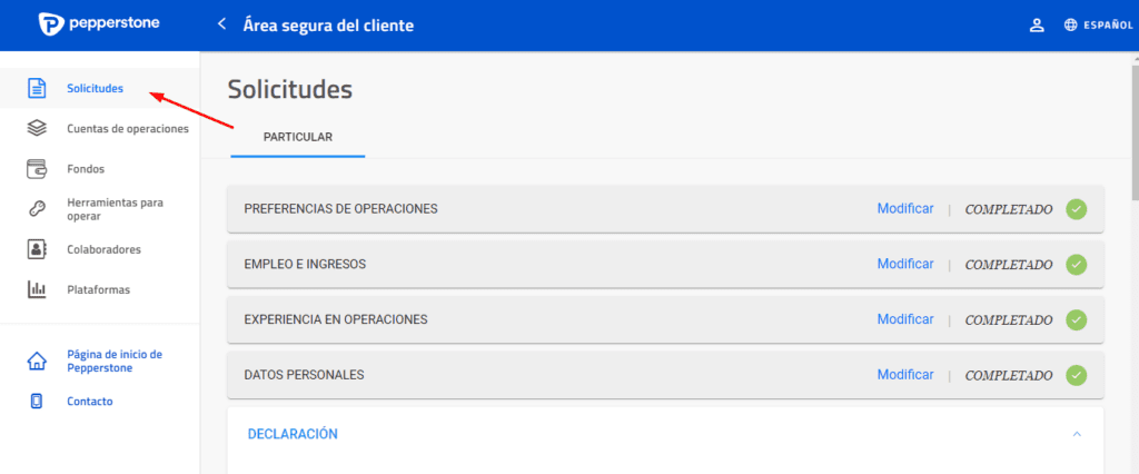 seccion solicitudes pepperstone