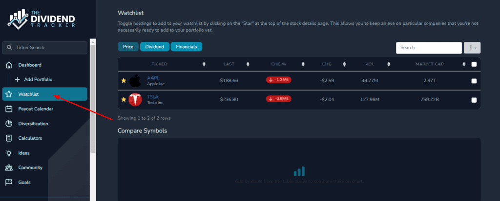 watchlists the dividend tracker
