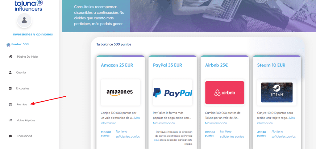 premios retirar dinero toluna