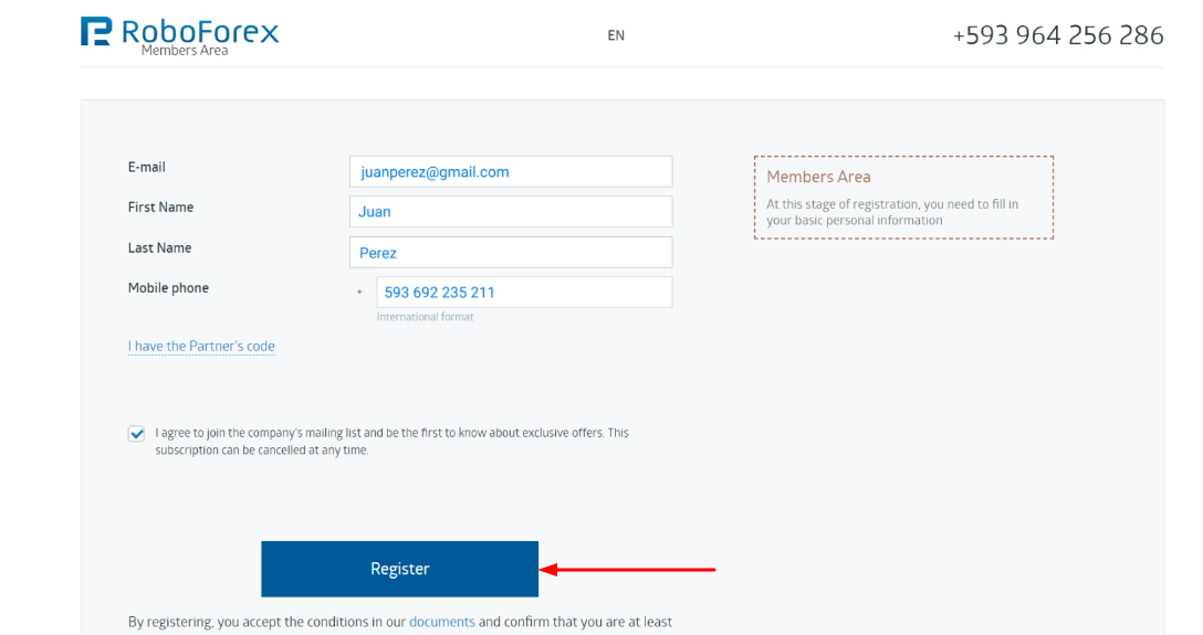 registro programa infinity roboforex paso 2